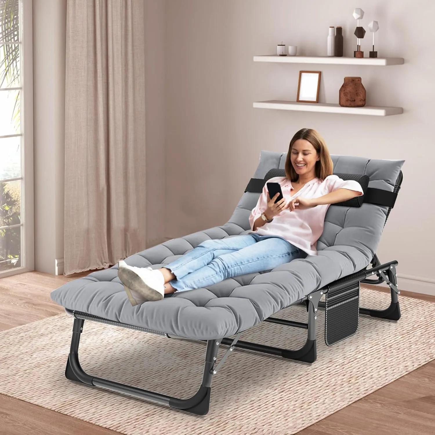 Folding Outdoor Chaise Lounge Chair, 5-Position Reclining Patio Chairs for Sun Tanning, Portable Sleeping Camping Cot for Adult, Sleeping Chair Perfect for Pool Beach Patio Lawn Sunbathing