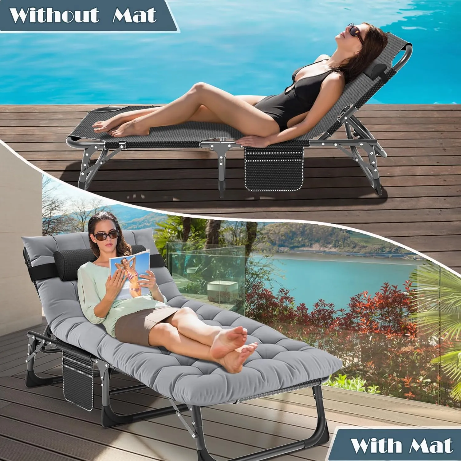 Folding Outdoor Chaise Lounge Chair, 5-Position Reclining Patio Chairs for Sun Tanning, Portable Sleeping Camping Cot for Adult, Sleeping Chair Perfect for Pool Beach Patio Lawn Sunbathing