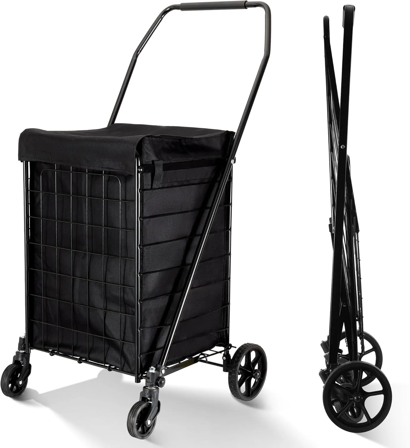 Folding Shopping Cart with Waterproof Liner, Grocery Cart Large Bag with Top Cover, 100 Lb Capacity, Utility Cart with 360° Rolling Swivel Wheels, Medium