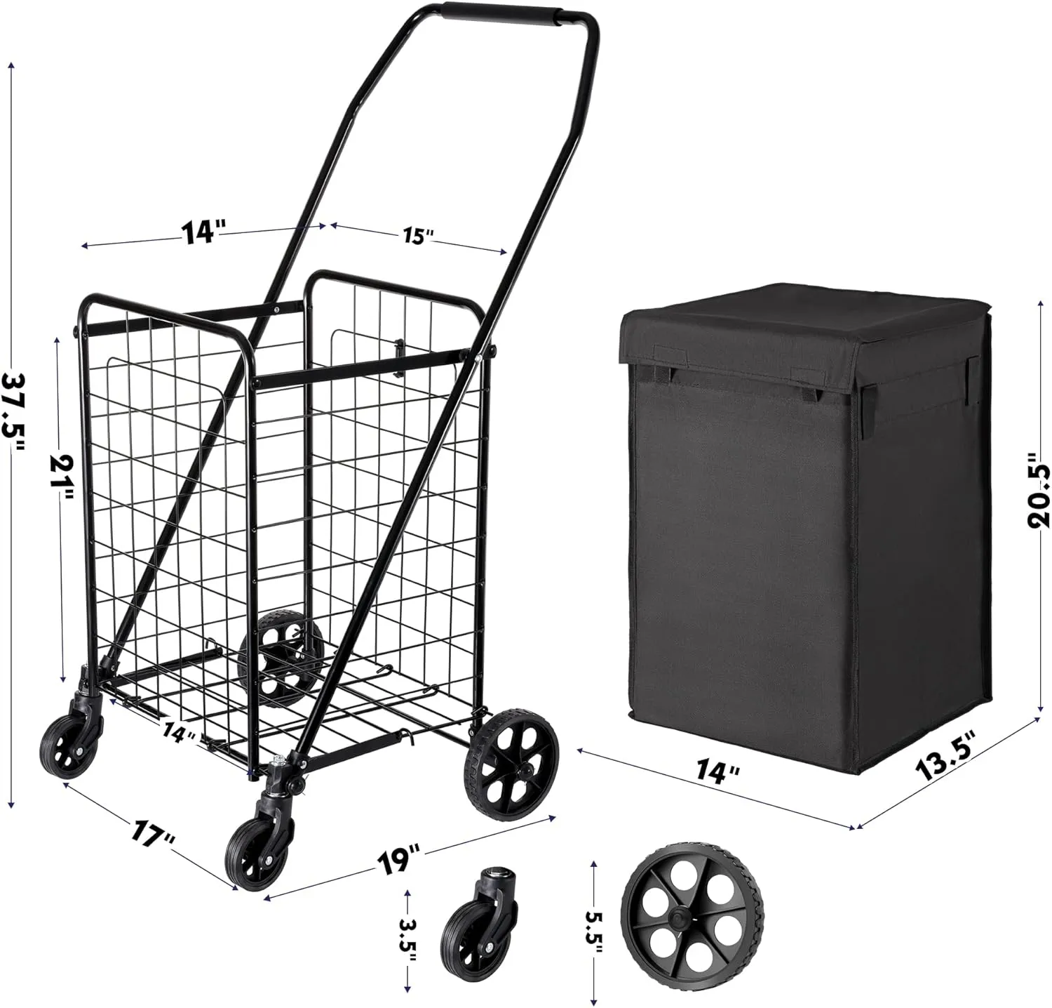 Folding Shopping Cart with Waterproof Liner, Grocery Cart Large Bag with Top Cover, 100 Lb Capacity, Utility Cart with 360° Rolling Swivel Wheels, Medium