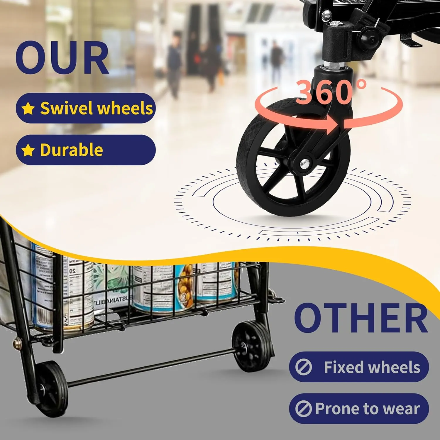 Folding Shopping Cart with Waterproof Liner, Grocery Cart Large Bag with Top Cover, 100 Lb Capacity, Utility Cart with 360° Rolling Swivel Wheels, Medium