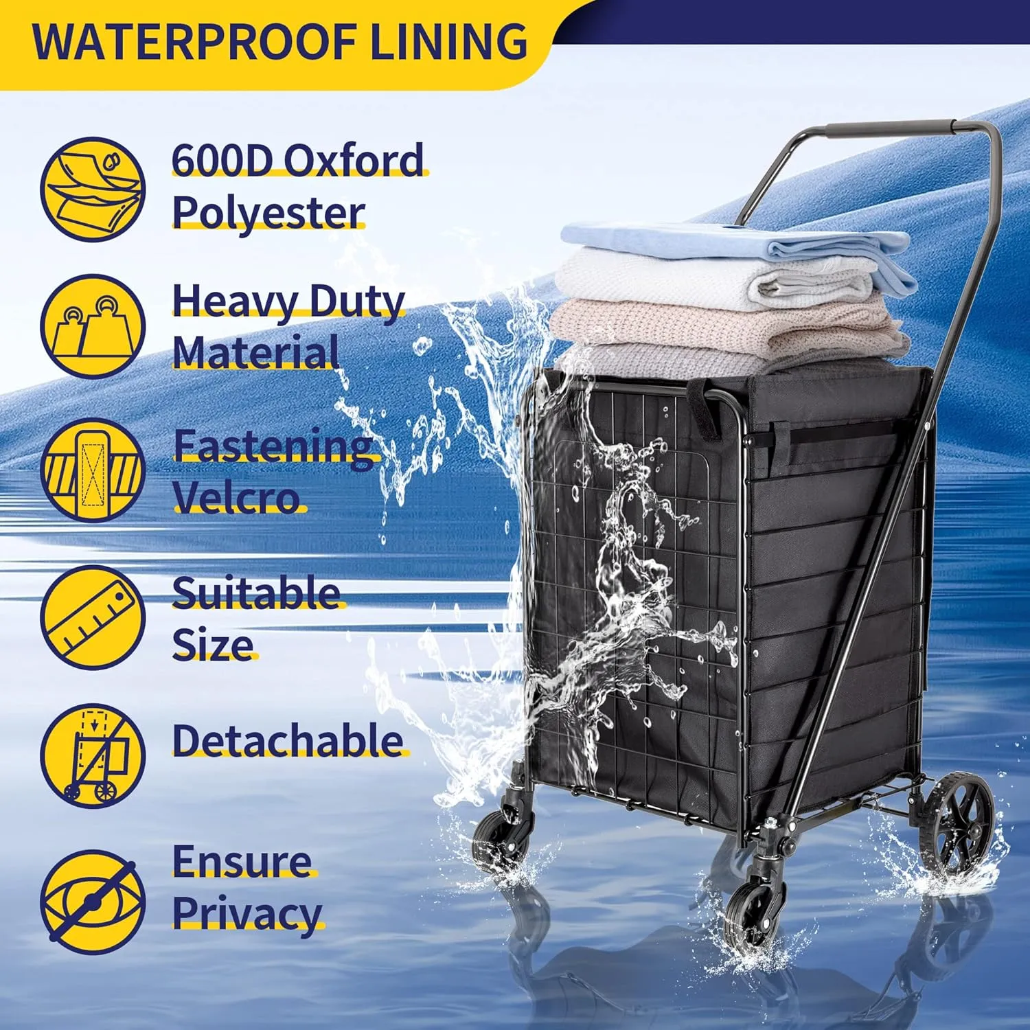 Folding Shopping Cart with Waterproof Liner, Grocery Cart Large Bag with Top Cover, 100 Lb Capacity, Utility Cart with 360° Rolling Swivel Wheels, Medium