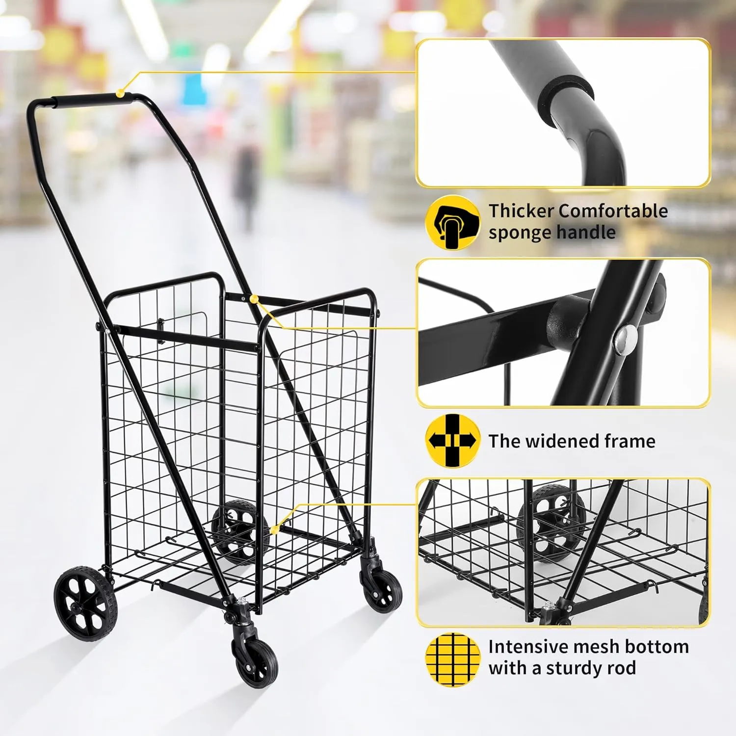 Folding Shopping Cart with Waterproof Liner, Grocery Cart Large Bag with Top Cover, 100 Lb Capacity, Utility Cart with 360° Rolling Swivel Wheels, Medium
