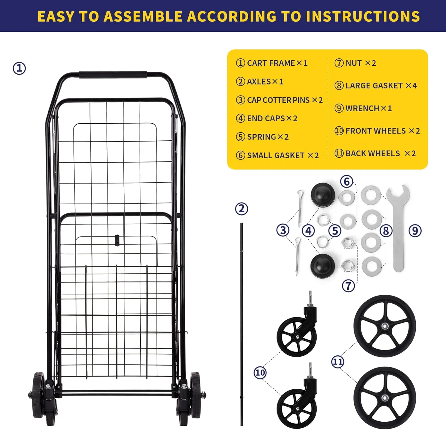 Folding Shopping Cart with Waterproof Liner, Grocery Cart Large Bag with Top Cover, 100 Lb Capacity, Utility Cart with 360° Rolling Swivel Wheels, Medium
