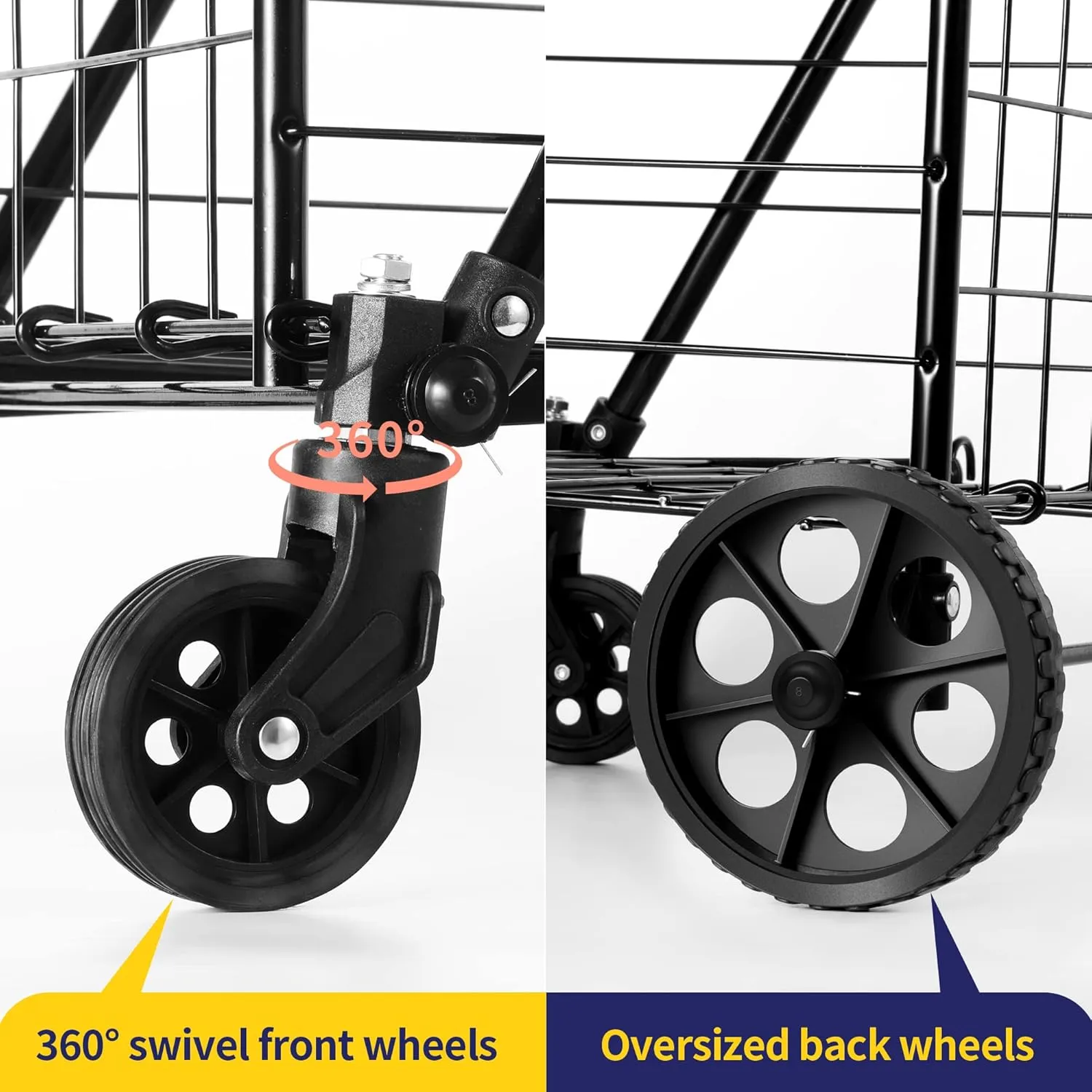 Folding Shopping Cart with Waterproof Liner, Grocery Cart Large Bag with Top Cover, 100 Lb Capacity, Utility Cart with 360° Rolling Swivel Wheels, Medium
