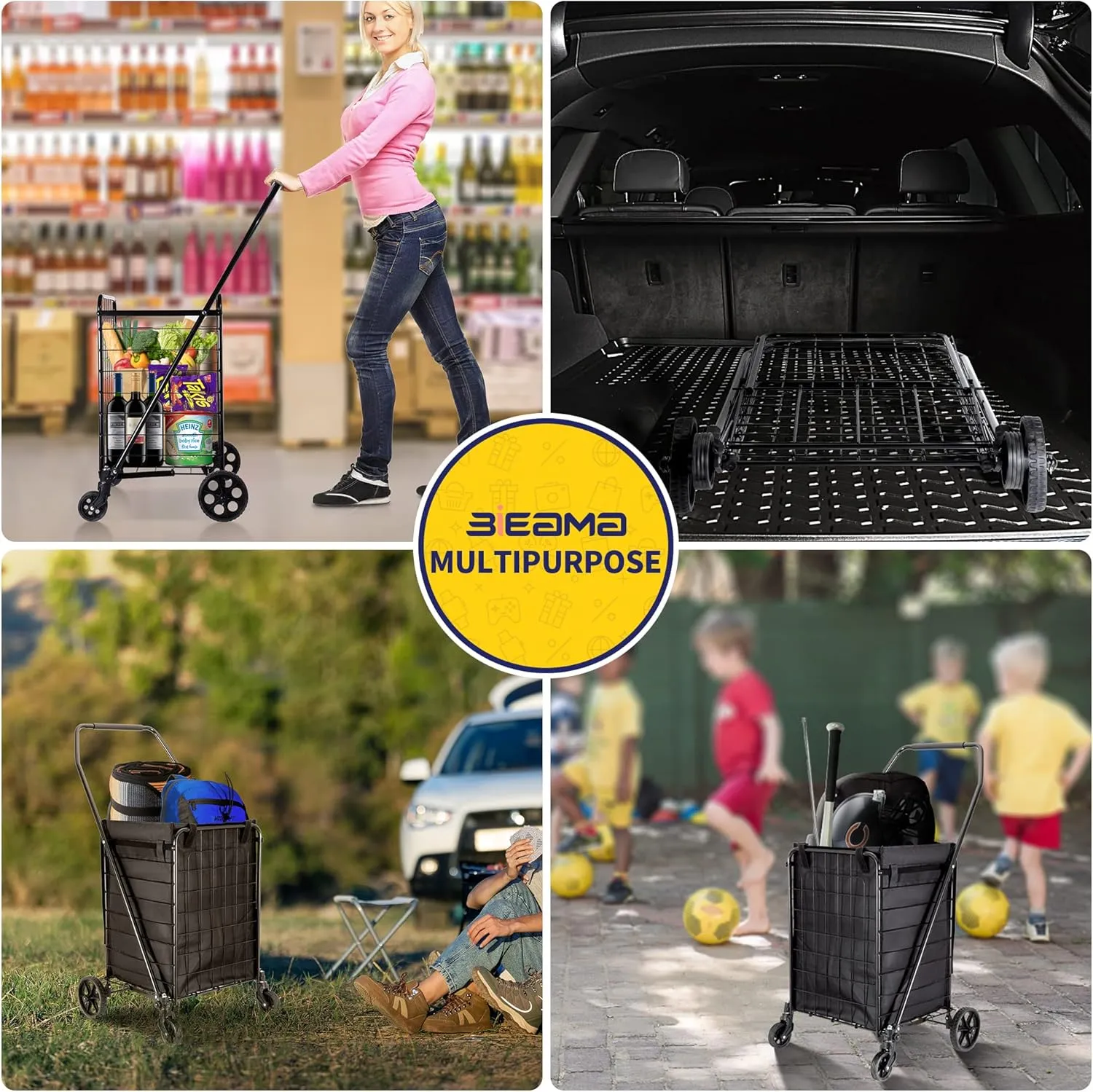 Folding Shopping Cart with Waterproof Liner, Grocery Cart Large Bag with Top Cover, 100 Lb Capacity, Utility Cart with 360° Rolling Swivel Wheels, Medium