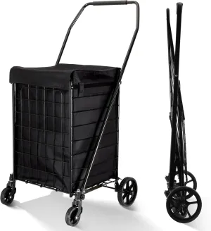 Folding Shopping Cart with Waterproof Liner, Grocery Cart Large Bag with Top Cover, 100 Lb Capacity, Utility Cart with 360° Rolling Swivel Wheels, Medium