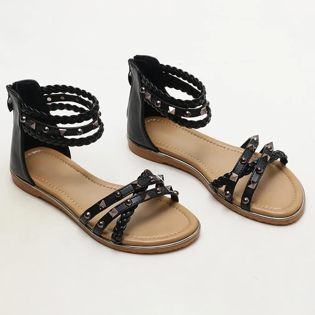 FRALOSHA Flat Sandals for Women Open Toe Summer Dressy Flat Rivet Beach Sandal Ankle Strap Casual Shoes with Zipper