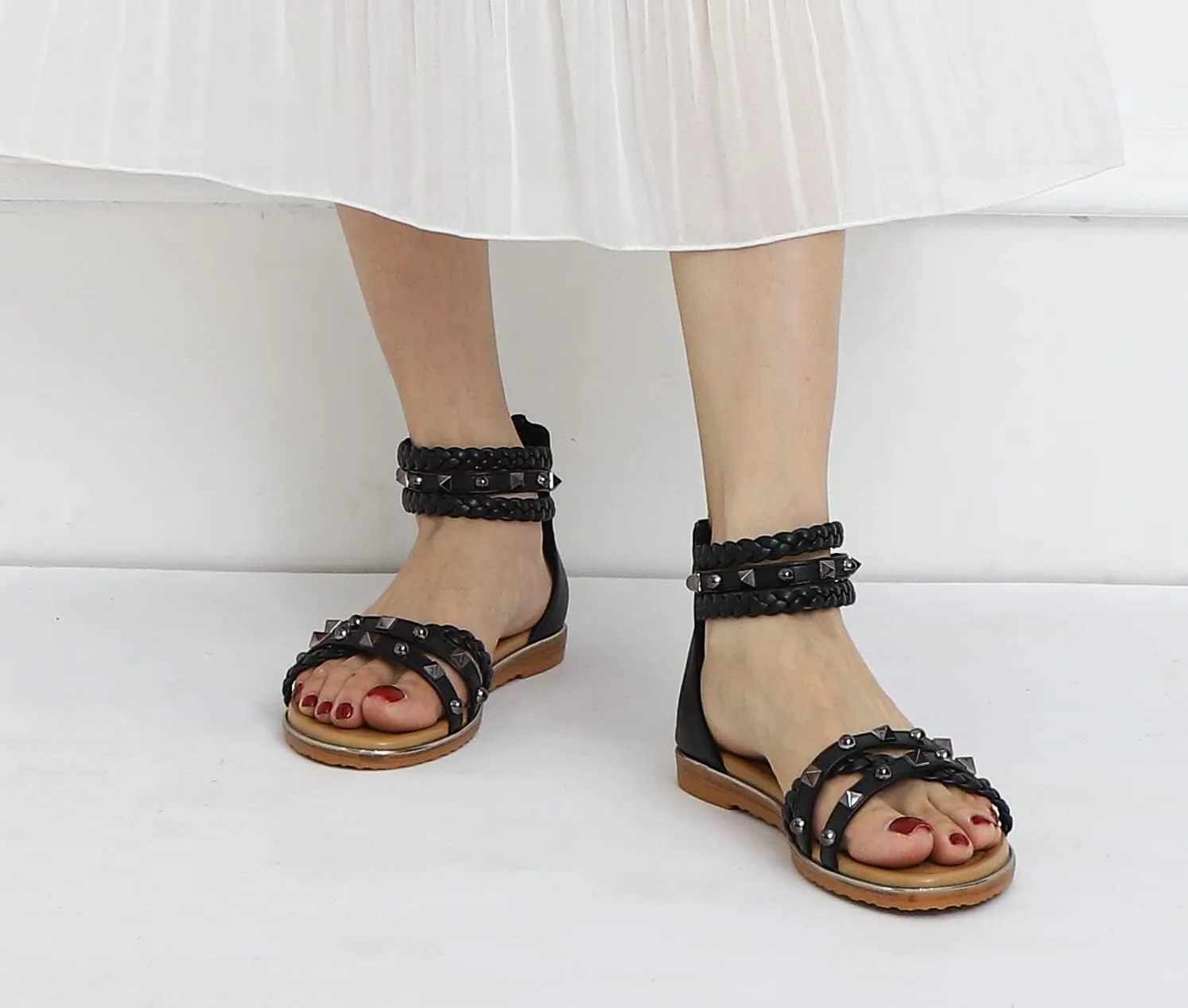FRALOSHA Flat Sandals for Women Open Toe Summer Dressy Flat Rivet Beach Sandal Ankle Strap Casual Shoes with Zipper