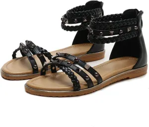 FRALOSHA Flat Sandals for Women Open Toe Summer Dressy Flat Rivet Beach Sandal Ankle Strap Casual Shoes with Zipper