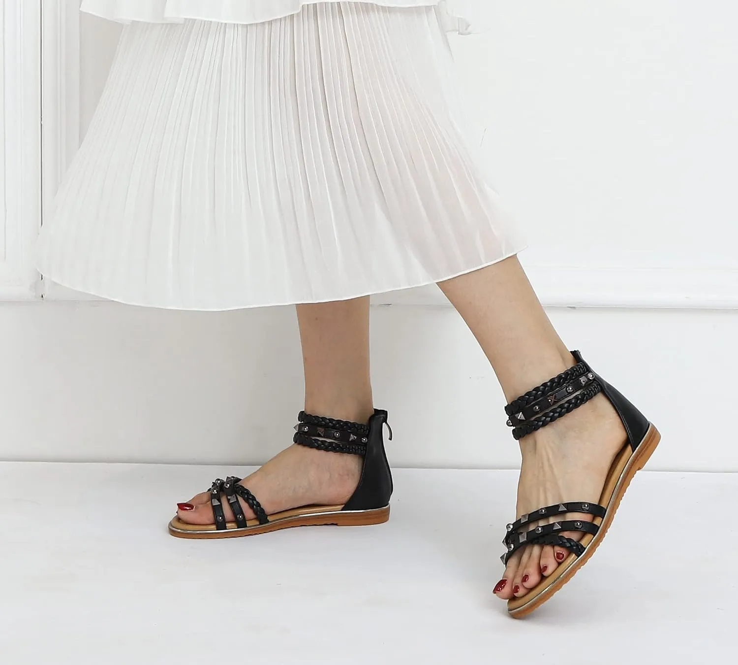 FRALOSHA Flat Sandals for Women Open Toe Summer Dressy Flat Rivet Beach Sandal Ankle Strap Casual Shoes with Zipper