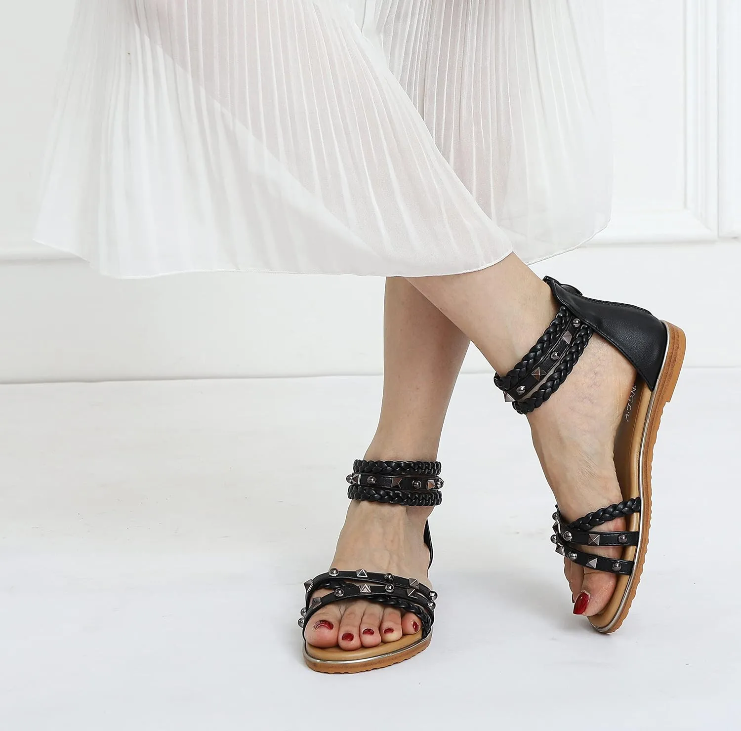 FRALOSHA Flat Sandals for Women Open Toe Summer Dressy Flat Rivet Beach Sandal Ankle Strap Casual Shoes with Zipper