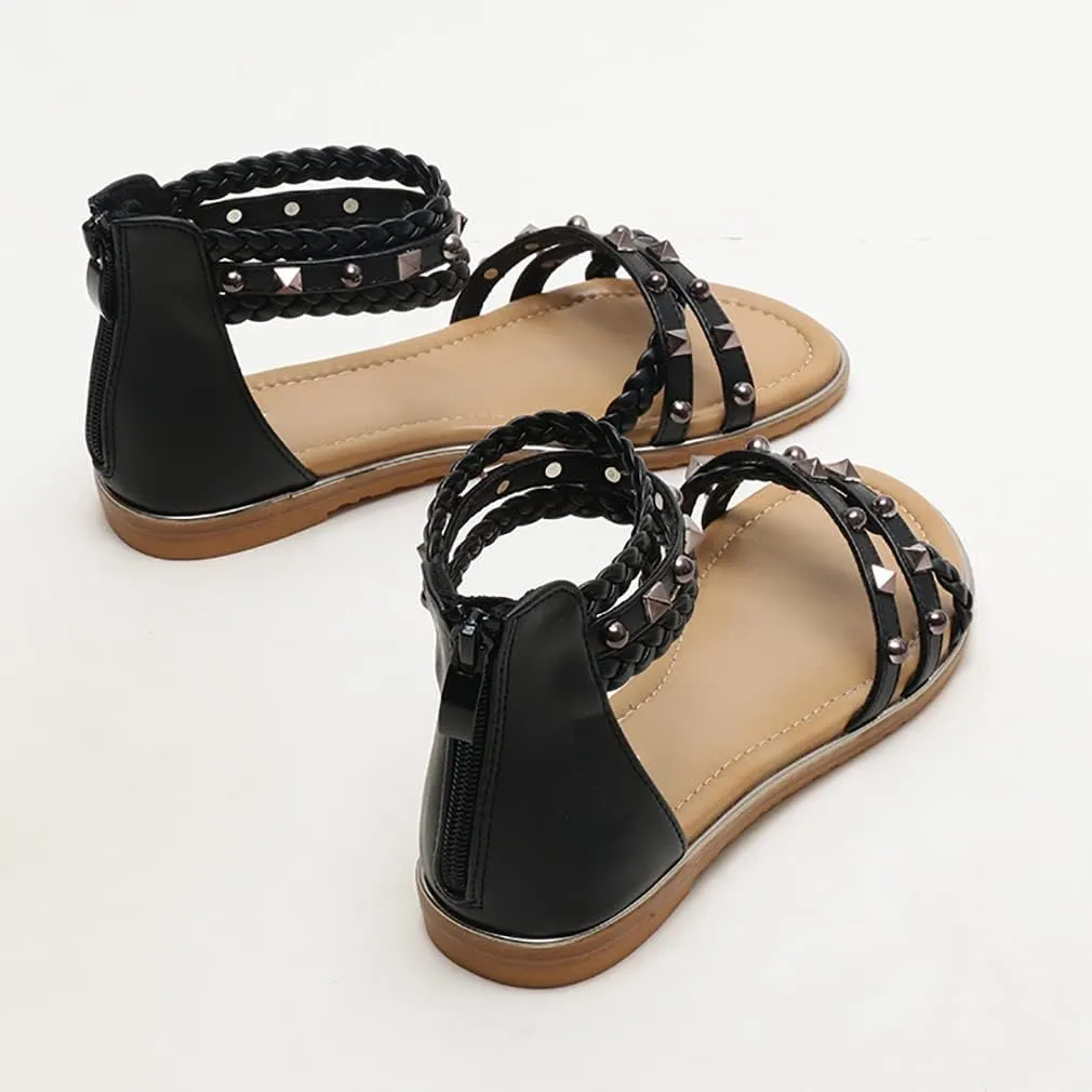 FRALOSHA Flat Sandals for Women Open Toe Summer Dressy Flat Rivet Beach Sandal Ankle Strap Casual Shoes with Zipper