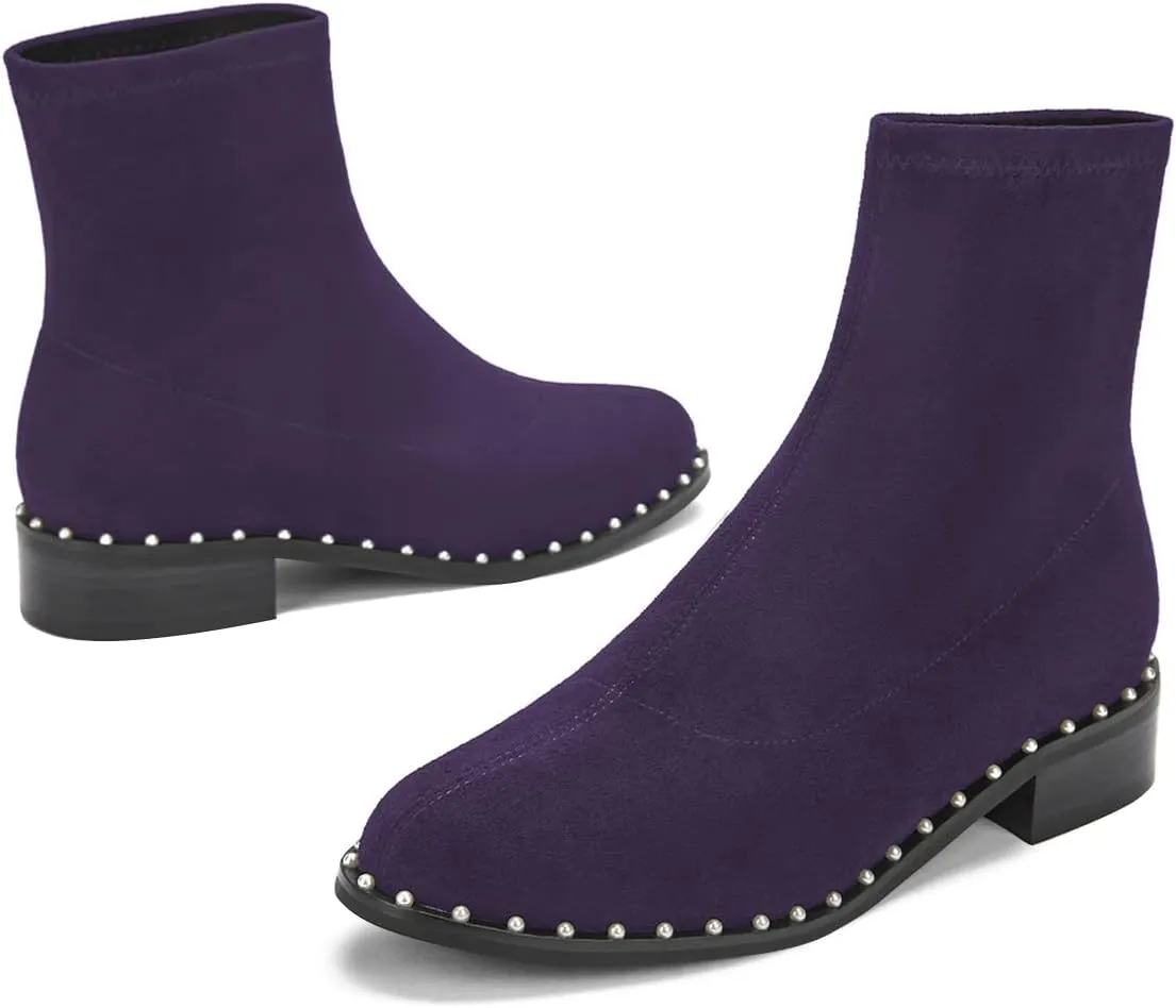 FSJ Women Classic Suede Round Toe Block Low Heel Ankle Boots Elastic Flat Booties Pearls Pull On Casual Ladies Shoes Size 4-15 US