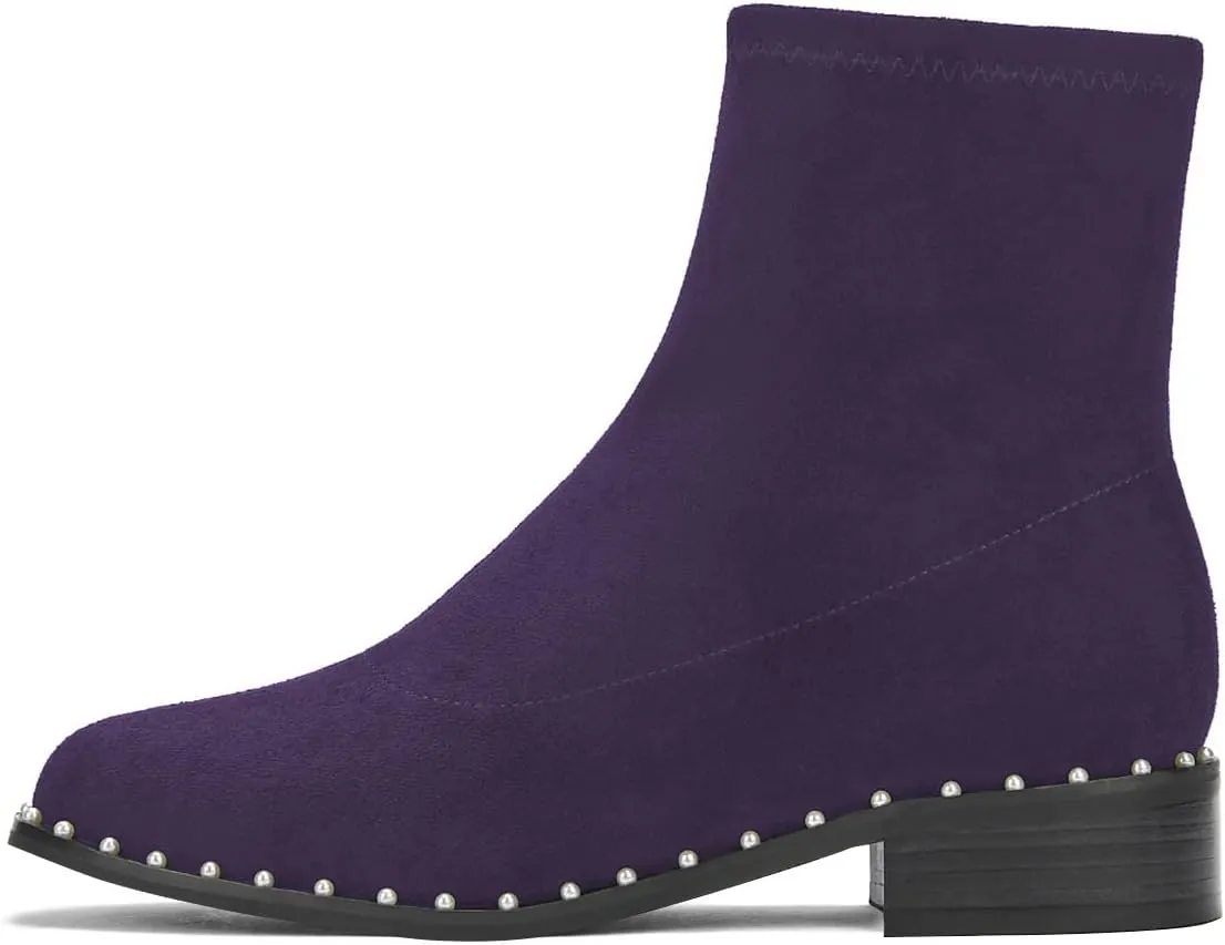 FSJ Women Classic Suede Round Toe Block Low Heel Ankle Boots Elastic Flat Booties Pearls Pull On Casual Ladies Shoes Size 4-15 US