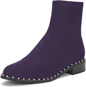 FSJ Women Classic Suede Round Toe Block Low Heel Ankle Boots Elastic Flat Booties Pearls Pull On Casual Ladies Shoes Size 4-15 US