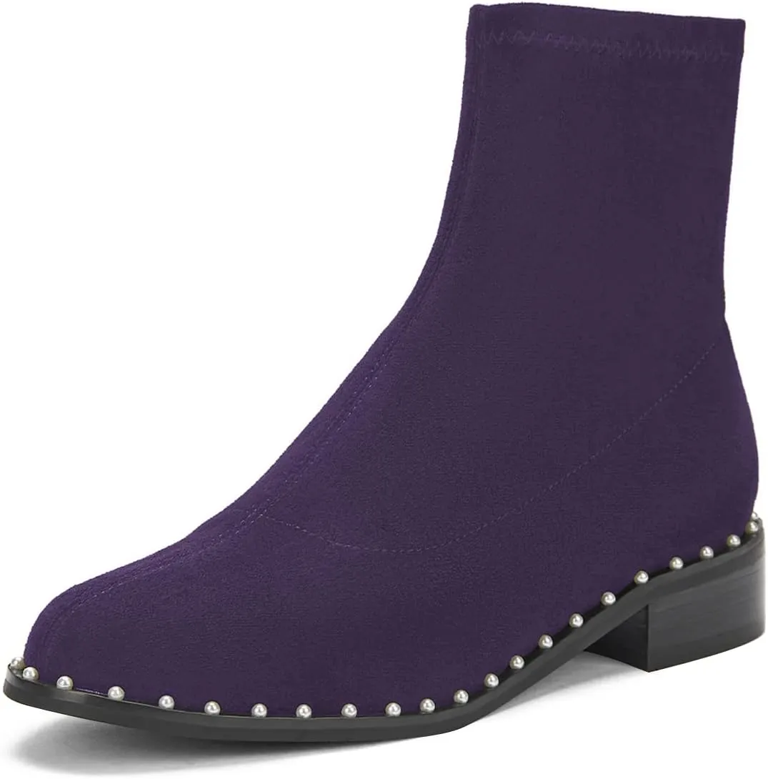 FSJ Women Classic Suede Round Toe Block Low Heel Ankle Boots Elastic Flat Booties Pearls Pull On Casual Ladies Shoes Size 4-15 US