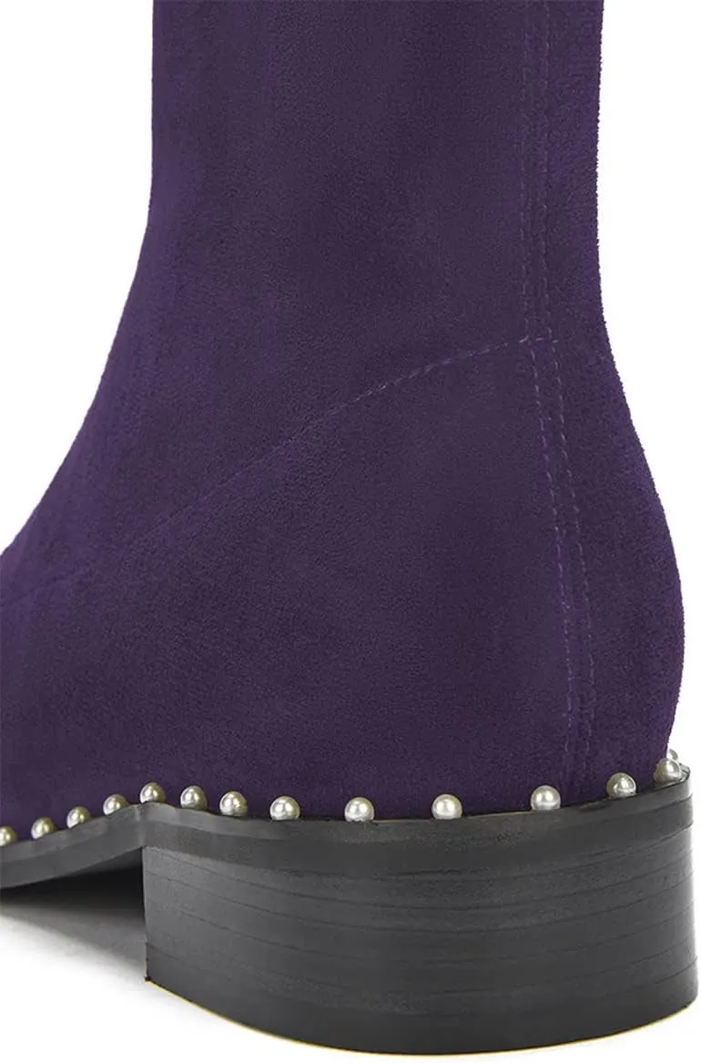 FSJ Women Classic Suede Round Toe Block Low Heel Ankle Boots Elastic Flat Booties Pearls Pull On Casual Ladies Shoes Size 4-15 US