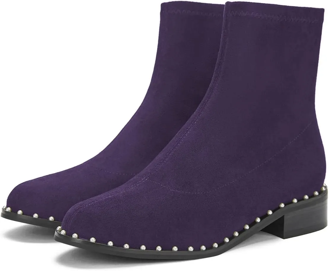 FSJ Women Classic Suede Round Toe Block Low Heel Ankle Boots Elastic Flat Booties Pearls Pull On Casual Ladies Shoes Size 4-15 US