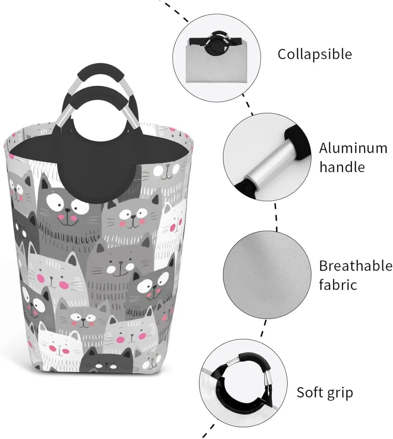 Funny Grey Cats Laundry Basket with Handles Cute Laundry Hamper Toys Storage Organizer Foldable Bucket Washing Bin Dirty Clothes Bag for Home Bathroom Bedroom Dorm