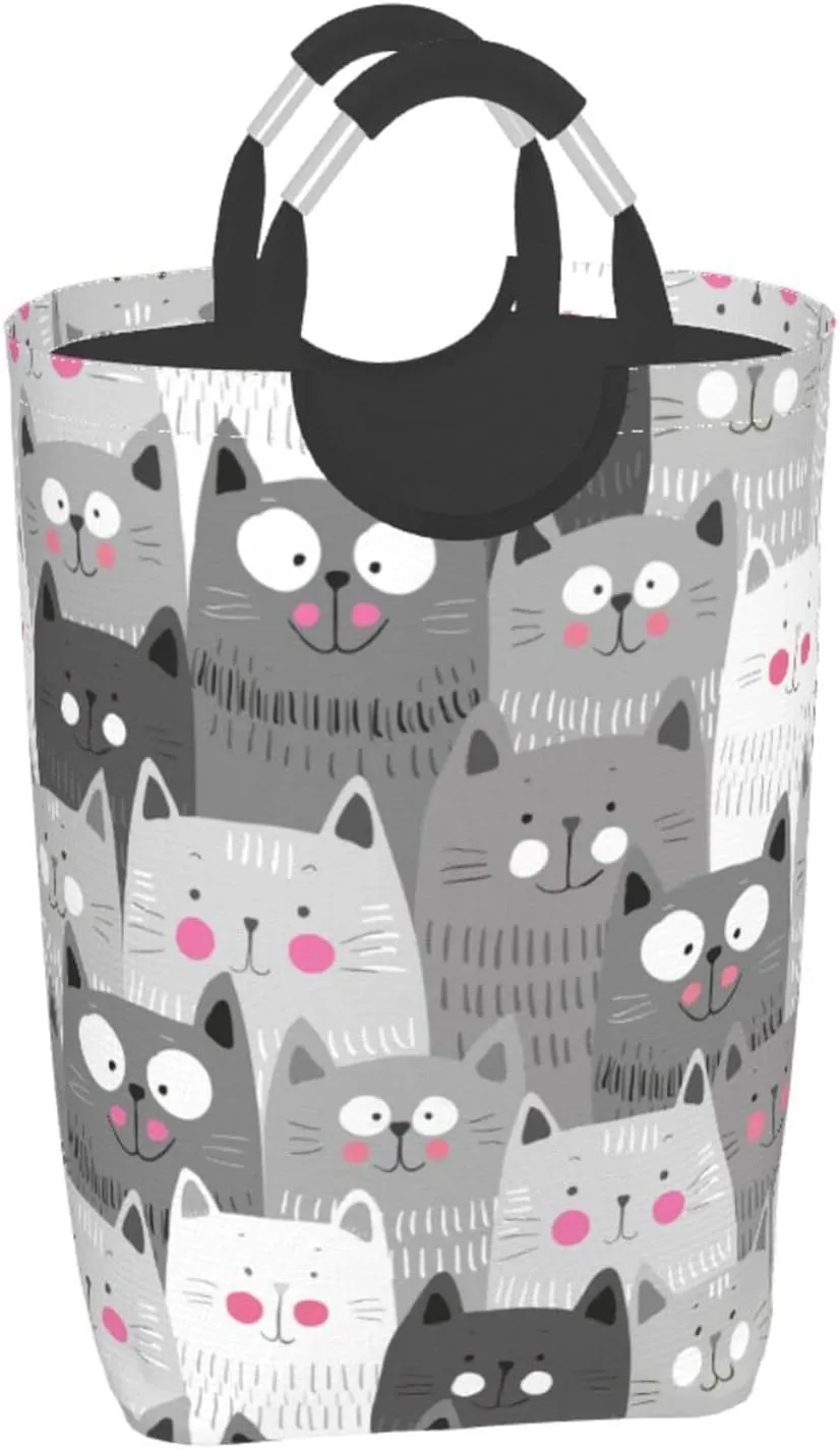 Funny Grey Cats Laundry Basket with Handles Cute Laundry Hamper Toys Storage Organizer Foldable Bucket Washing Bin Dirty Clothes Bag for Home Bathroom Bedroom Dorm