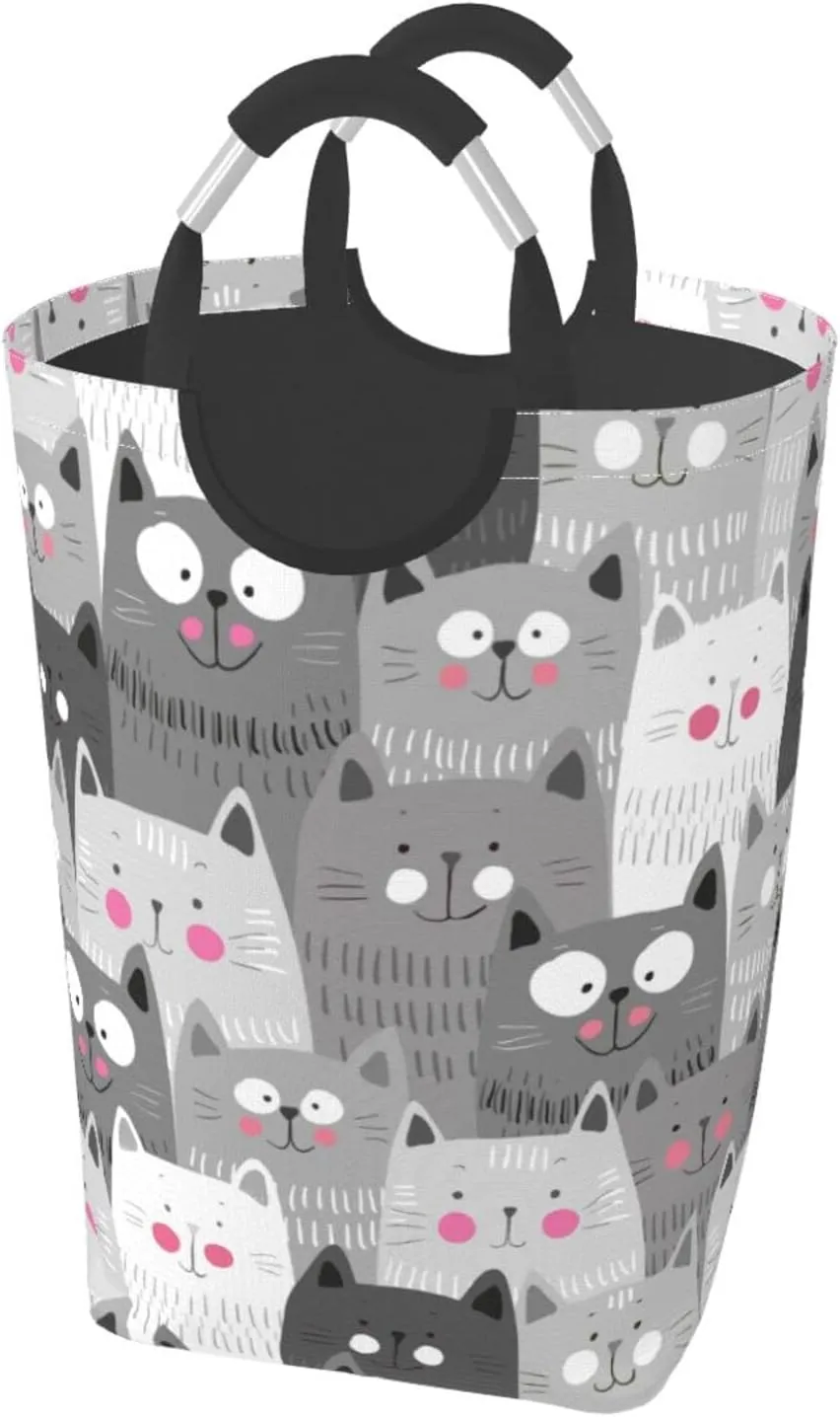 Funny Grey Cats Laundry Basket with Handles Cute Laundry Hamper Toys Storage Organizer Foldable Bucket Washing Bin Dirty Clothes Bag for Home Bathroom Bedroom Dorm