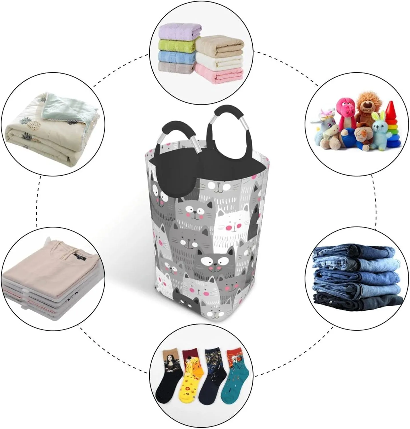 Funny Grey Cats Laundry Basket with Handles Cute Laundry Hamper Toys Storage Organizer Foldable Bucket Washing Bin Dirty Clothes Bag for Home Bathroom Bedroom Dorm