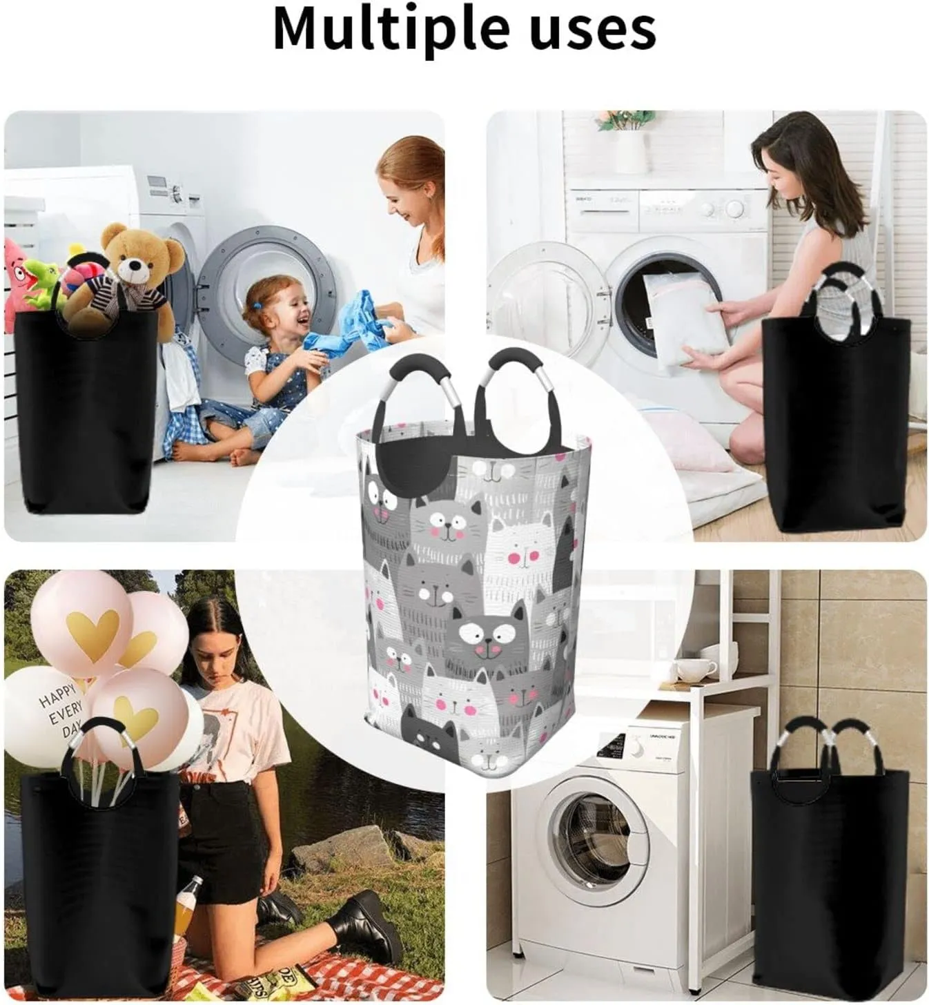Funny Grey Cats Laundry Basket with Handles Cute Laundry Hamper Toys Storage Organizer Foldable Bucket Washing Bin Dirty Clothes Bag for Home Bathroom Bedroom Dorm