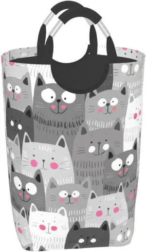 Funny Grey Cats Laundry Basket with Handles Cute Laundry Hamper Toys Storage Organizer Foldable Bucket Washing Bin Dirty Clothes Bag for Home Bathroom Bedroom Dorm
