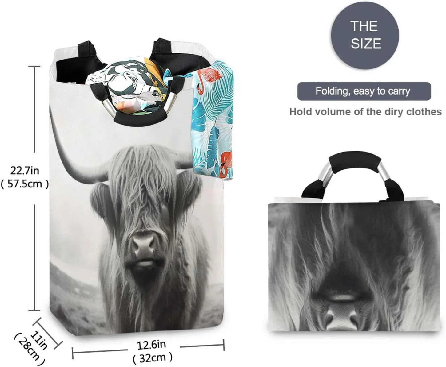 Funny Scottish Highland Cow Laundry Basket Collapsible Oxford Fabric Laundry Hamper Foldable Clothes Laundry Bag with Handles