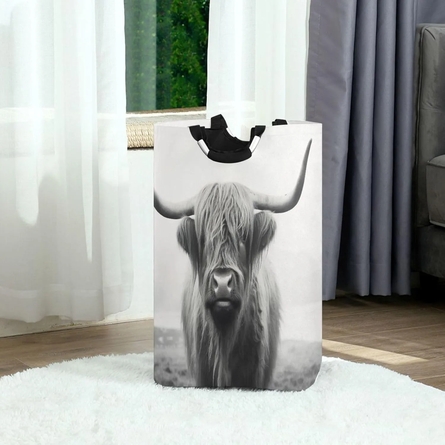 Funny Scottish Highland Cow Laundry Basket Collapsible Oxford Fabric Laundry Hamper Foldable Clothes Laundry Bag with Handles
