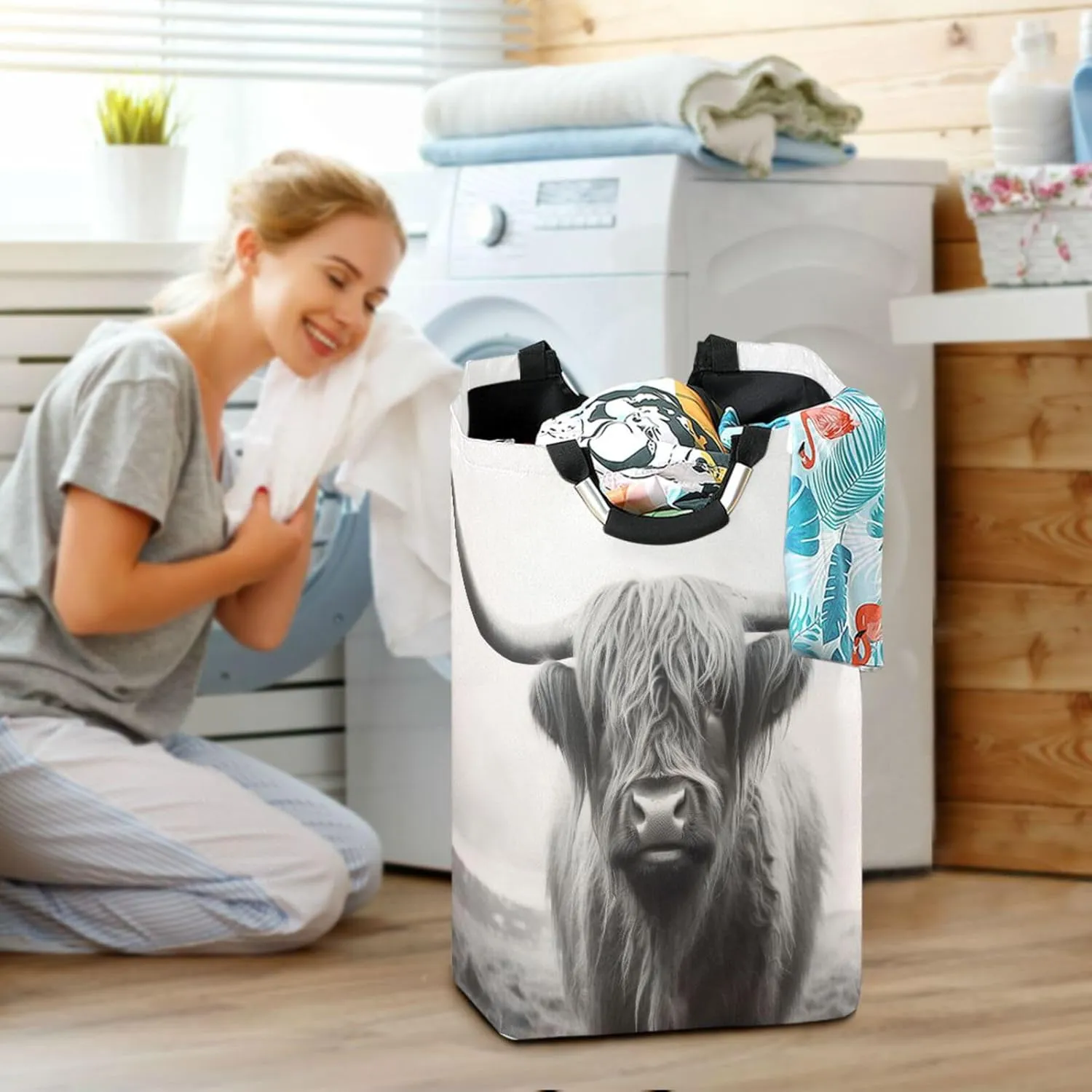 Funny Scottish Highland Cow Laundry Basket Collapsible Oxford Fabric Laundry Hamper Foldable Clothes Laundry Bag with Handles