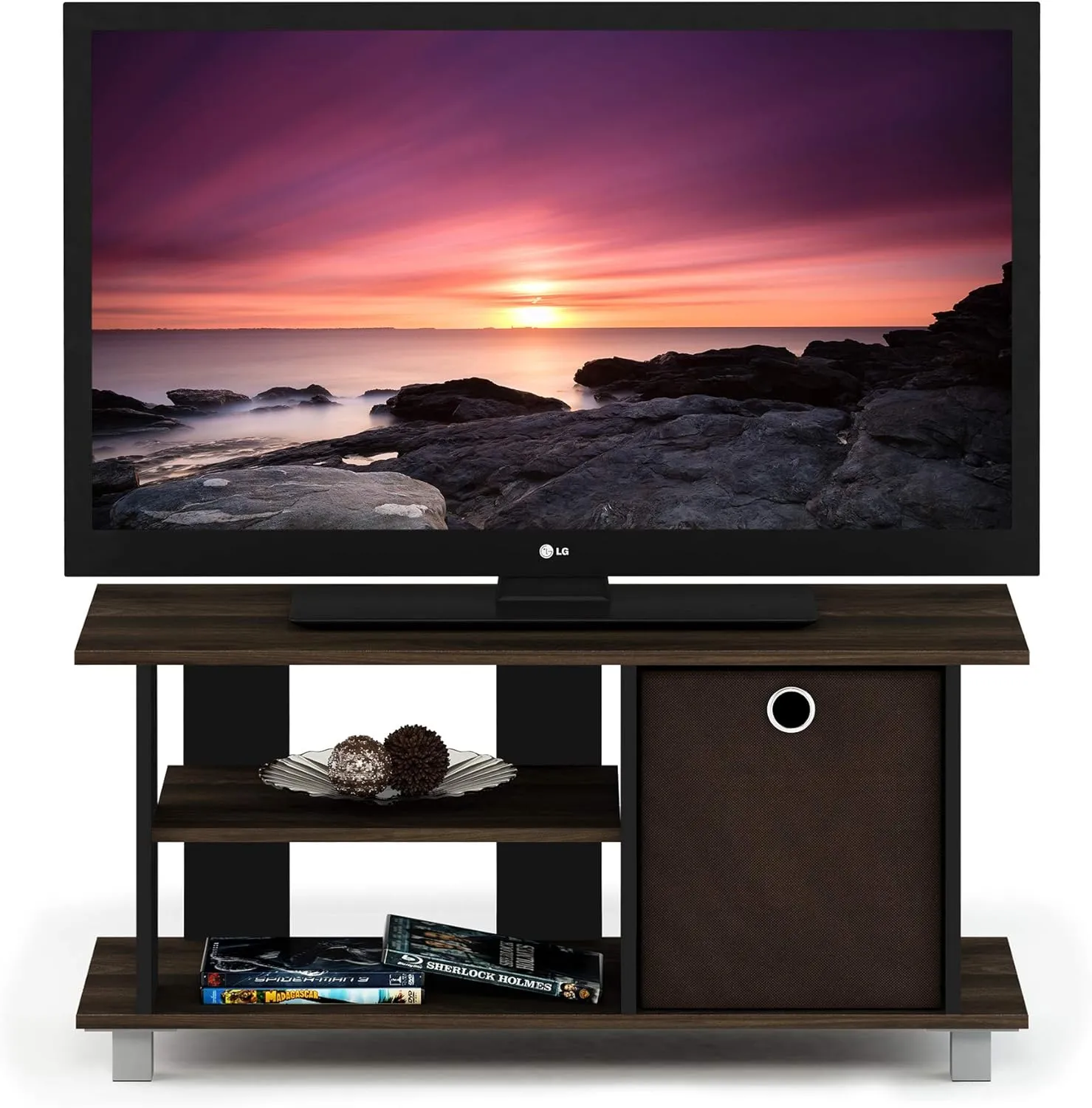 FURINNO Simplistic Entertainment TV Stand with Storage Bin, Columbia Walnut/Dark Brown
