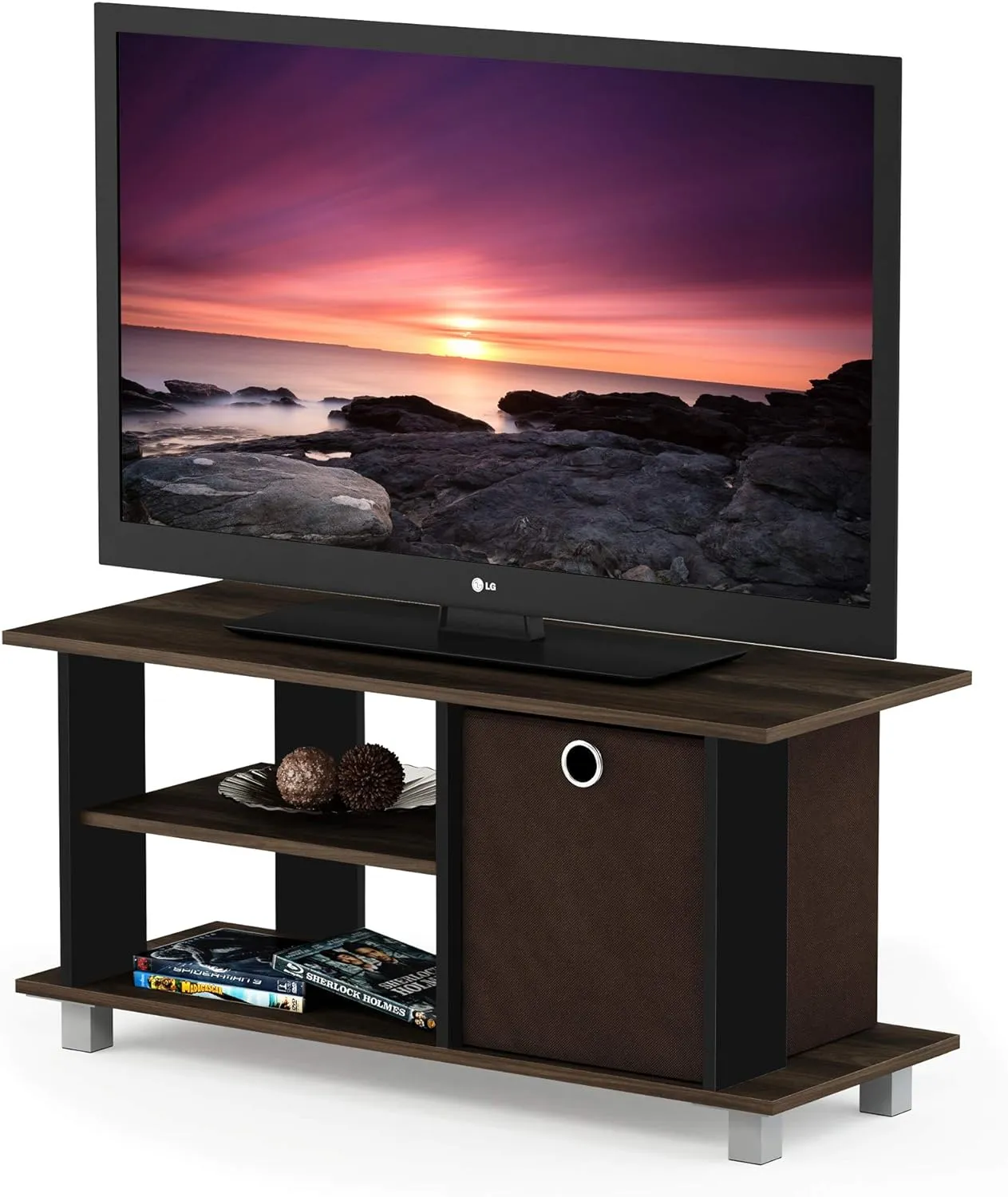 FURINNO Simplistic Entertainment TV Stand with Storage Bin, Columbia Walnut/Dark Brown