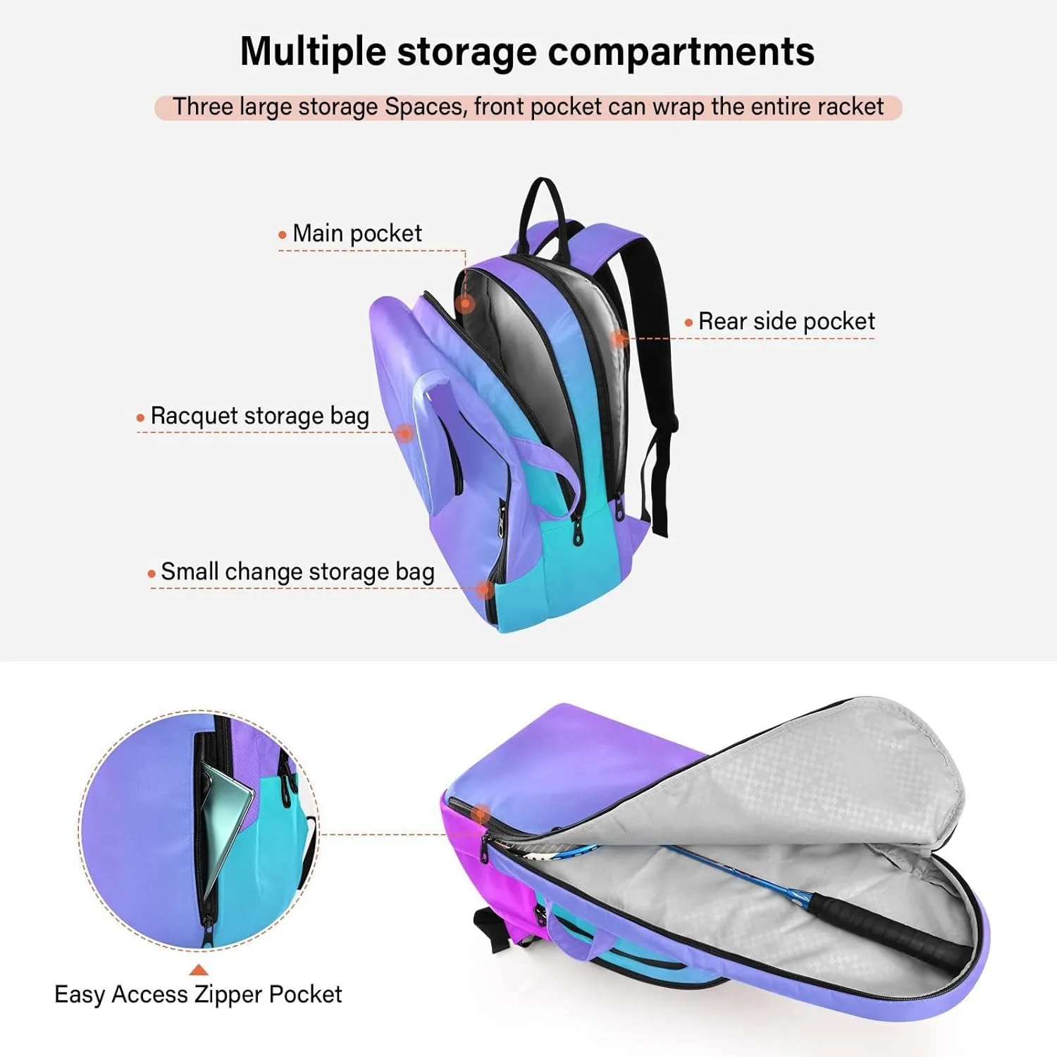 GAIGEO Teal Turquoise Glitter Sparkle Racket Bag, Multilayer Design Pickle Ball Bag, Sports and Daily Use