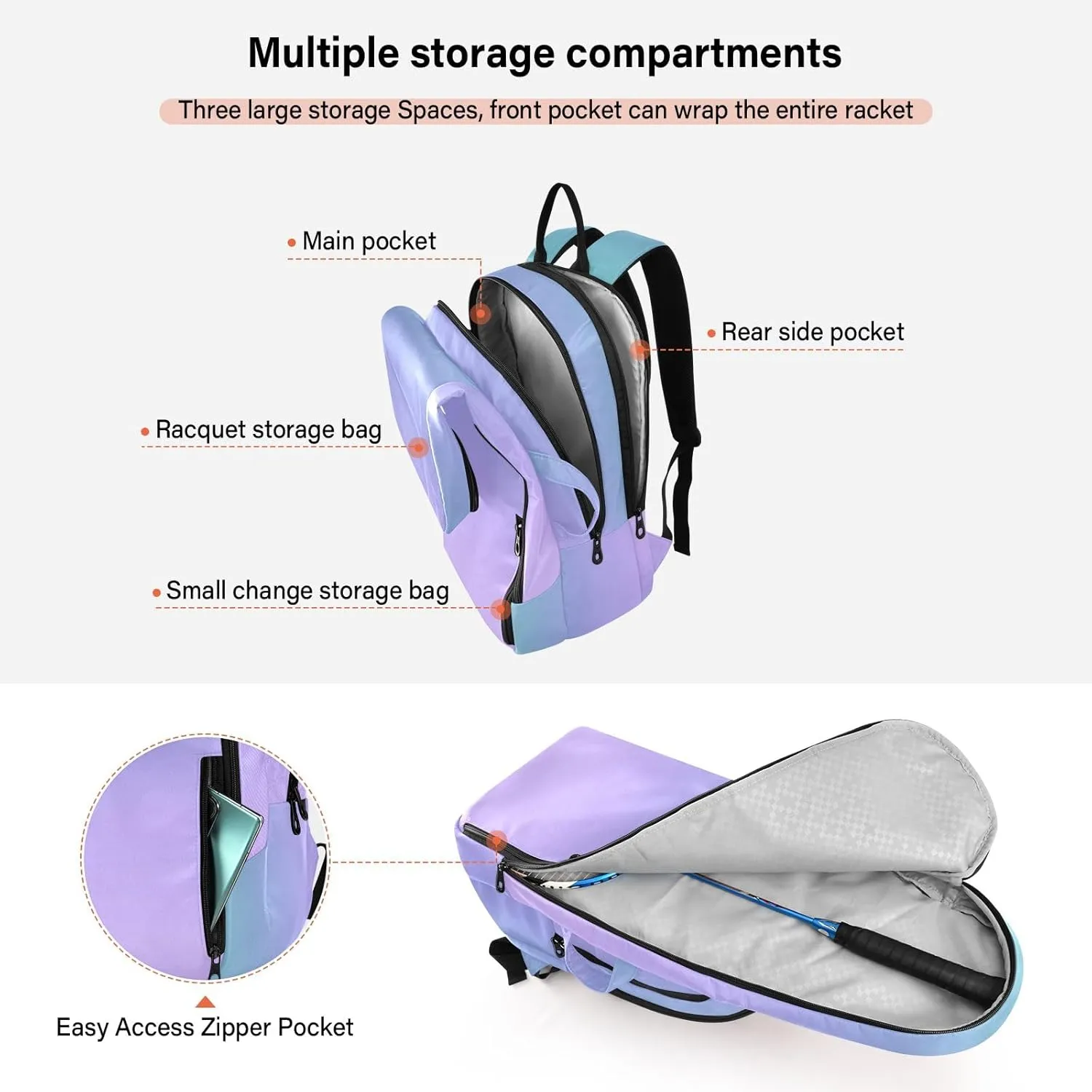 GAIGEO White Polka Dots Blue Pickleball Backpack, Large Capacity Pickleball Caddy, Various Storage Methods