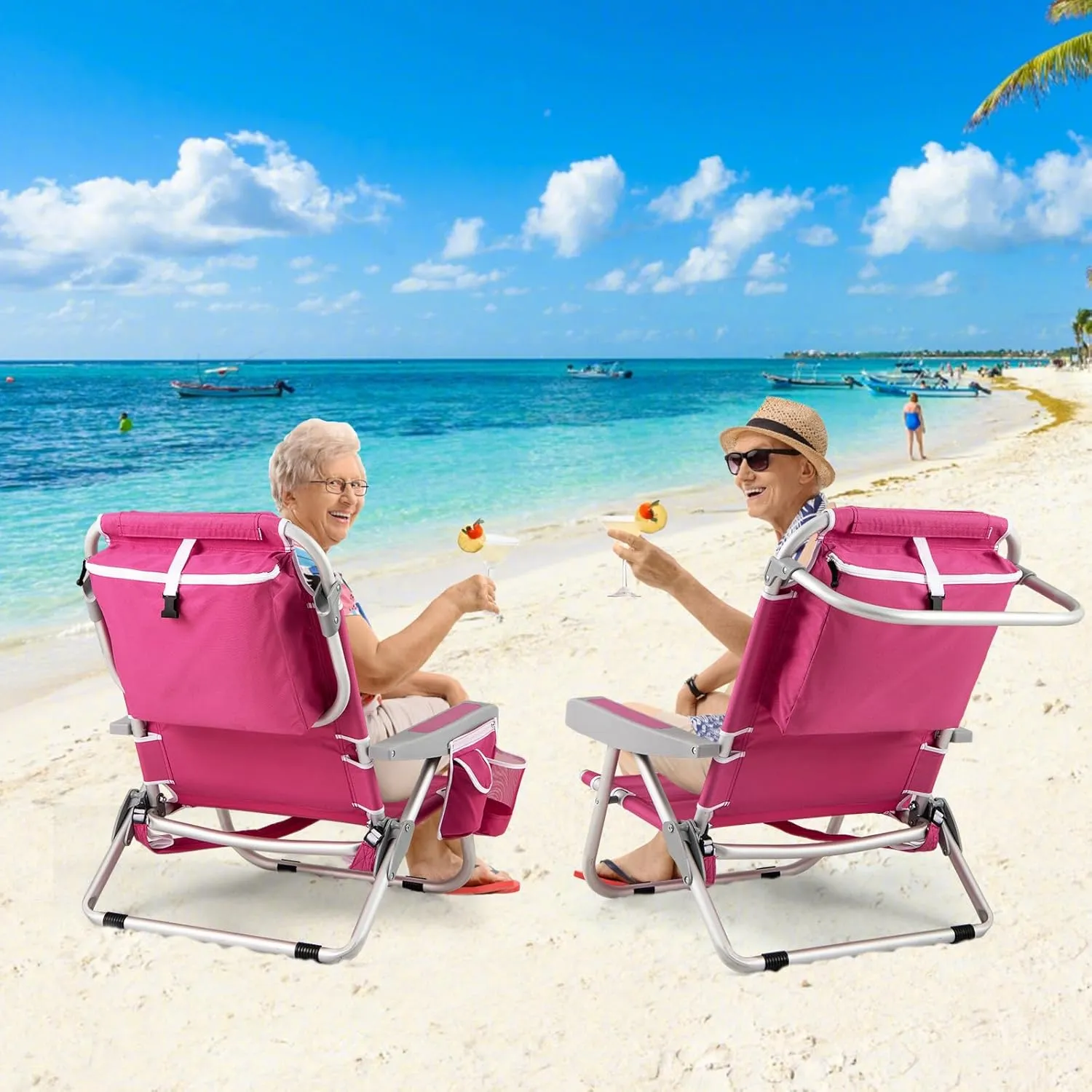 Giantex Beach Chair, Foldable Backpack Chair with 5 Adjustable Position, Cup Holder, Storage Pockets, Straps, Towel Rack, Pillow, 330lbs Aluminum Lay Flat Chairs for Outdoor Camping (1,Pink)