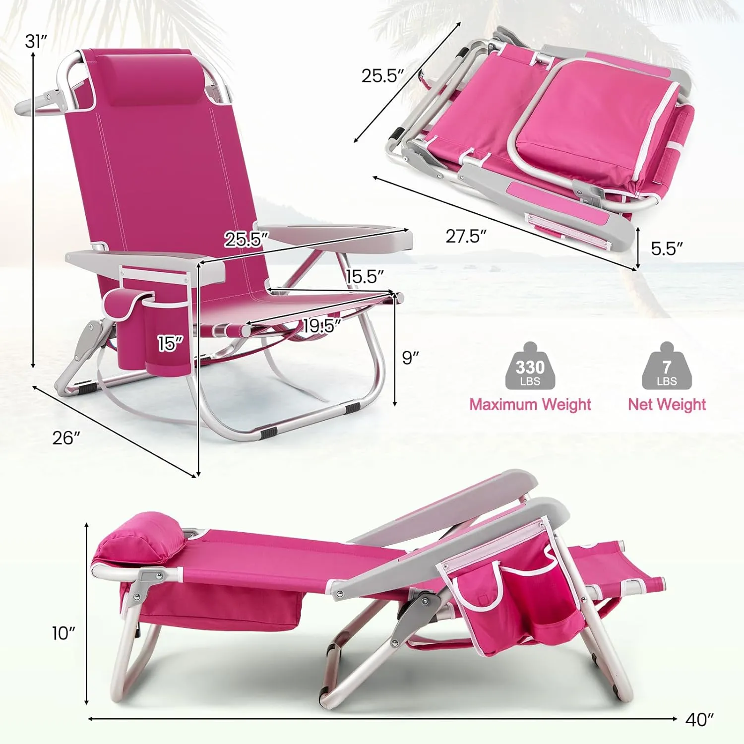 Giantex Beach Chair, Foldable Backpack Chair with 5 Adjustable Position, Cup Holder, Storage Pockets, Straps, Towel Rack, Pillow, 330lbs Aluminum Lay Flat Chairs for Outdoor Camping (1,Pink)