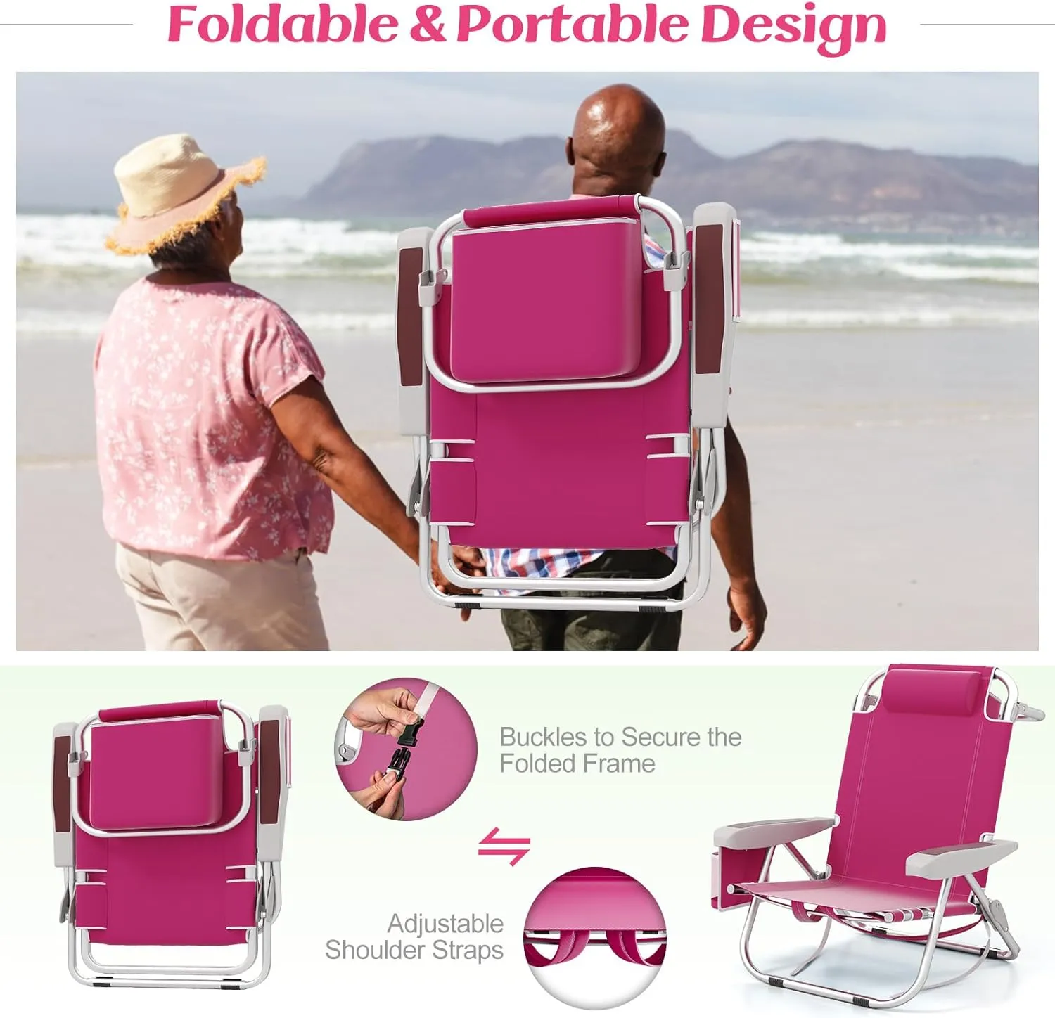 Giantex Beach Chair, Foldable Backpack Chair with 5 Adjustable Position, Cup Holder, Storage Pockets, Straps, Towel Rack, Pillow, 330lbs Aluminum Lay Flat Chairs for Outdoor Camping (1,Pink)