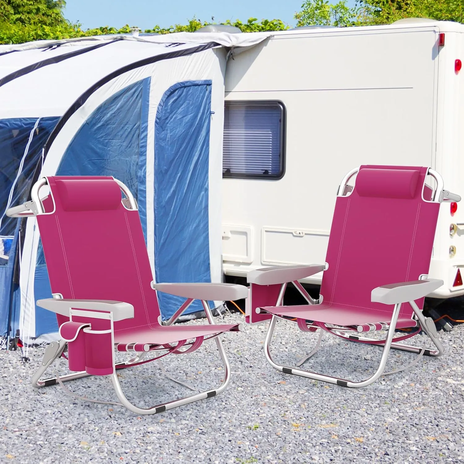 Giantex Beach Chair, Foldable Backpack Chair with 5 Adjustable Position, Cup Holder, Storage Pockets, Straps, Towel Rack, Pillow, 330lbs Aluminum Lay Flat Chairs for Outdoor Camping (1,Pink)