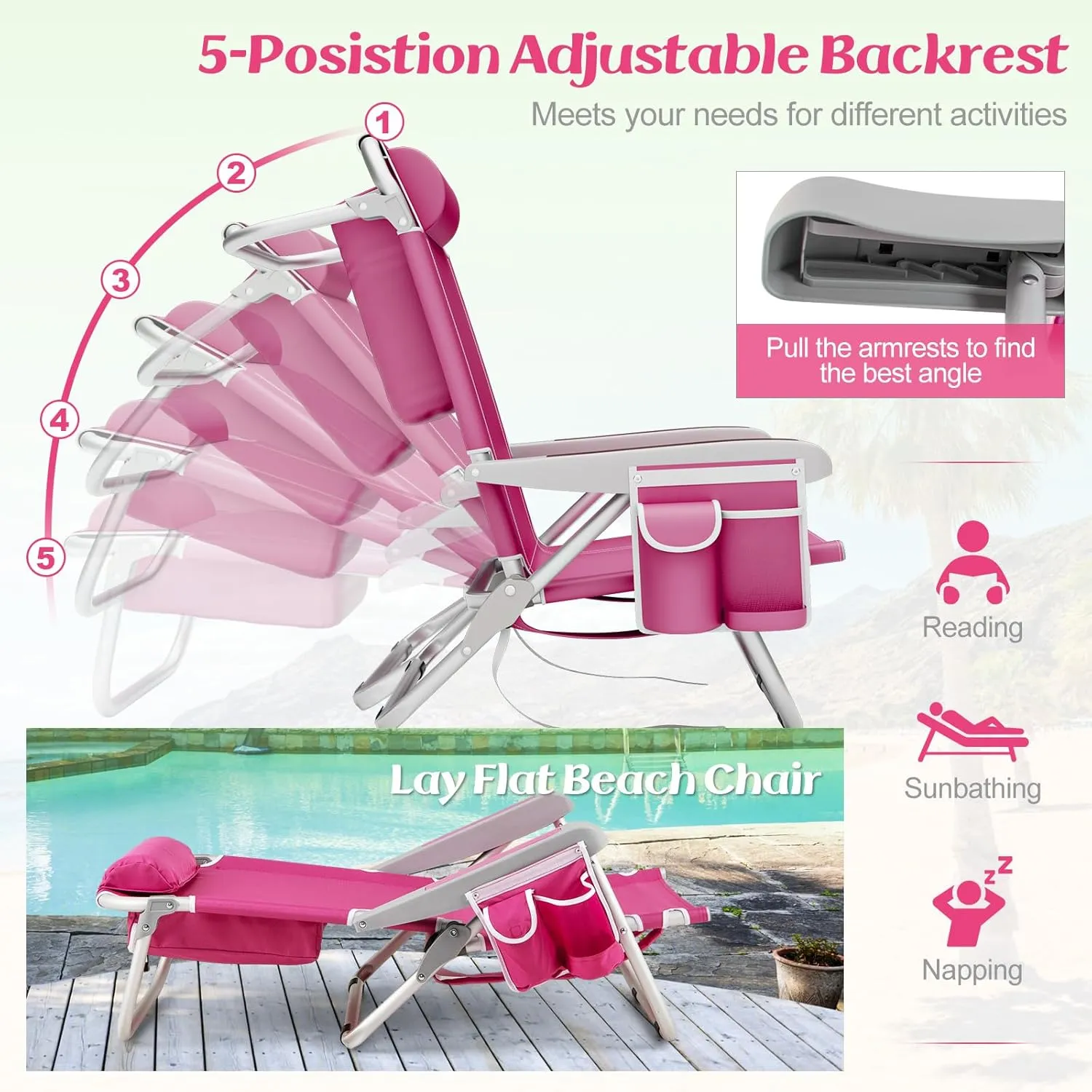 Giantex Beach Chair, Foldable Backpack Chair with 5 Adjustable Position, Cup Holder, Storage Pockets, Straps, Towel Rack, Pillow, 330lbs Aluminum Lay Flat Chairs for Outdoor Camping (1,Pink)
