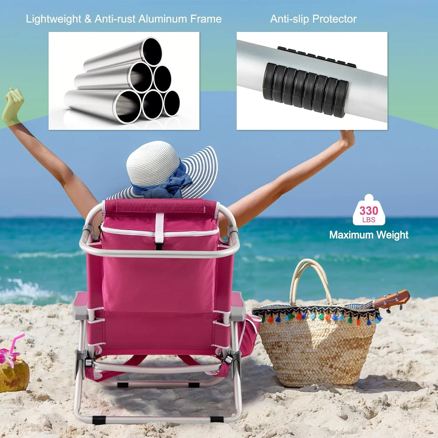 Giantex Beach Chair, Foldable Backpack Chair with 5 Adjustable Position, Cup Holder, Storage Pockets, Straps, Towel Rack, Pillow, 330lbs Aluminum Lay Flat Chairs for Outdoor Camping (1,Pink)