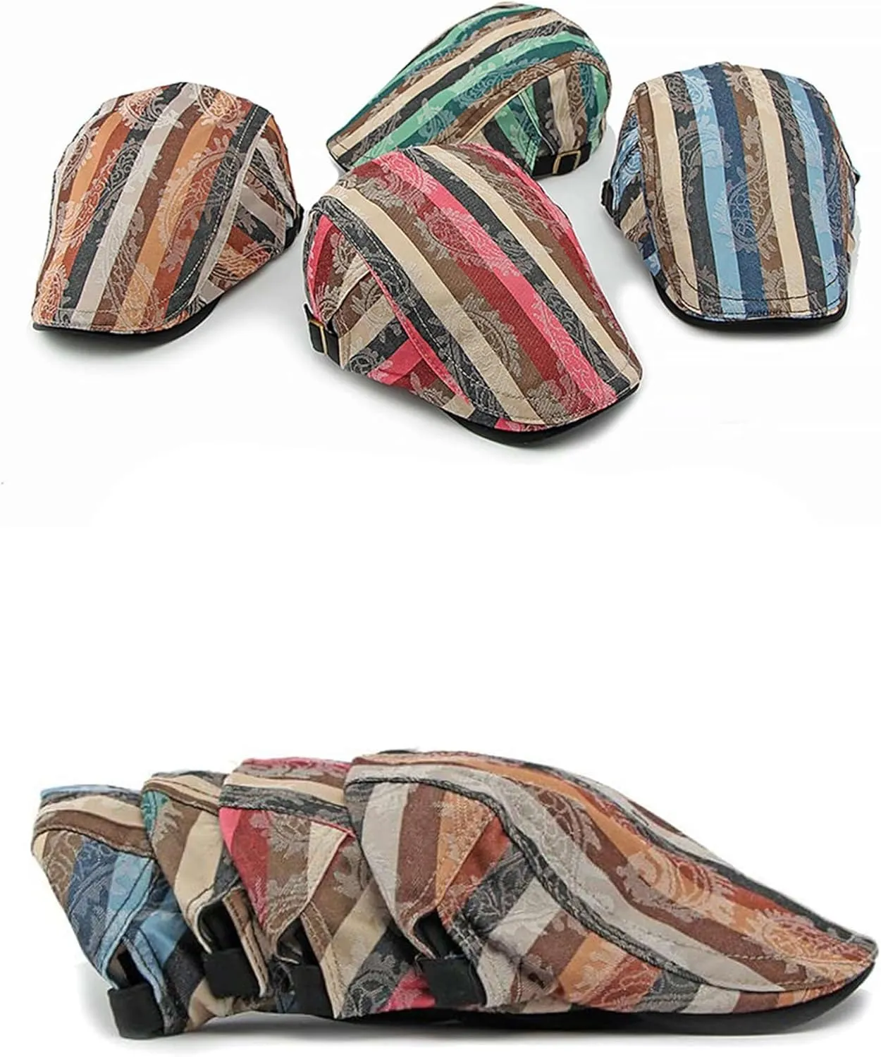 GIBZ Striped Flat Hat Newsboy Cap Retro Driving Hats Adjustable Ivy Caps for Men Women