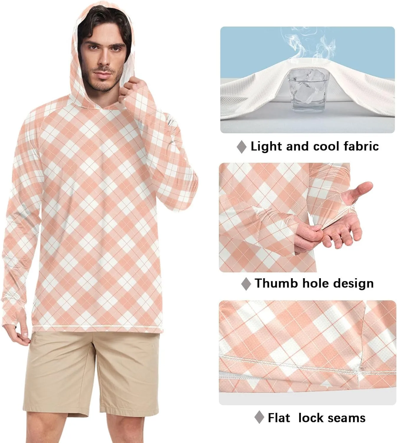 Gingham Tangerine Mens Hoodie Sun Protection Long Sleeve UPF 50   Sun Shirt with Hood Swim Shirt Hooded Rashguard for Men