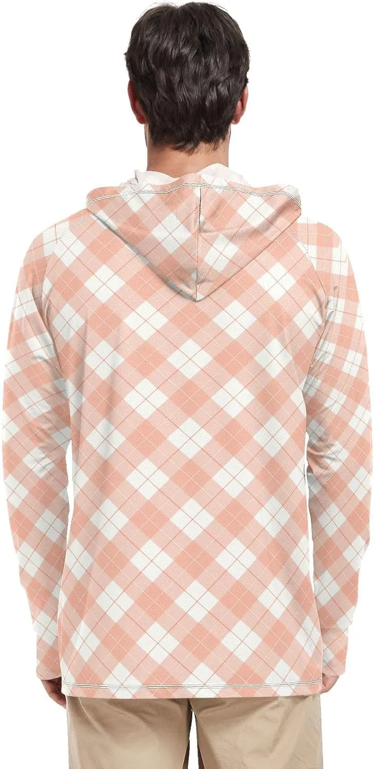 Gingham Tangerine Mens Hoodie Sun Protection Long Sleeve UPF 50   Sun Shirt with Hood Swim Shirt Hooded Rashguard for Men