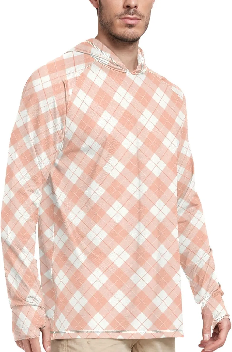 Gingham Tangerine Mens Hoodie Sun Protection Long Sleeve UPF 50   Sun Shirt with Hood Swim Shirt Hooded Rashguard for Men