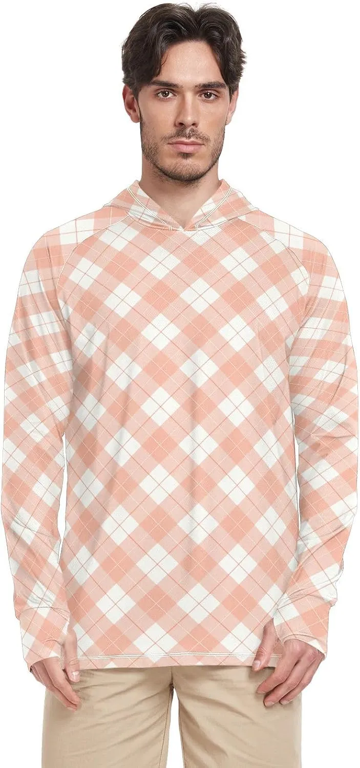 Gingham Tangerine Mens Hoodie Sun Protection Long Sleeve UPF 50   Sun Shirt with Hood Swim Shirt Hooded Rashguard for Men