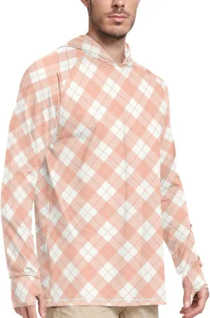 Gingham Tangerine Mens Hoodie Sun Protection Long Sleeve UPF 50   Sun Shirt with Hood Swim Shirt Hooded Rashguard for Men