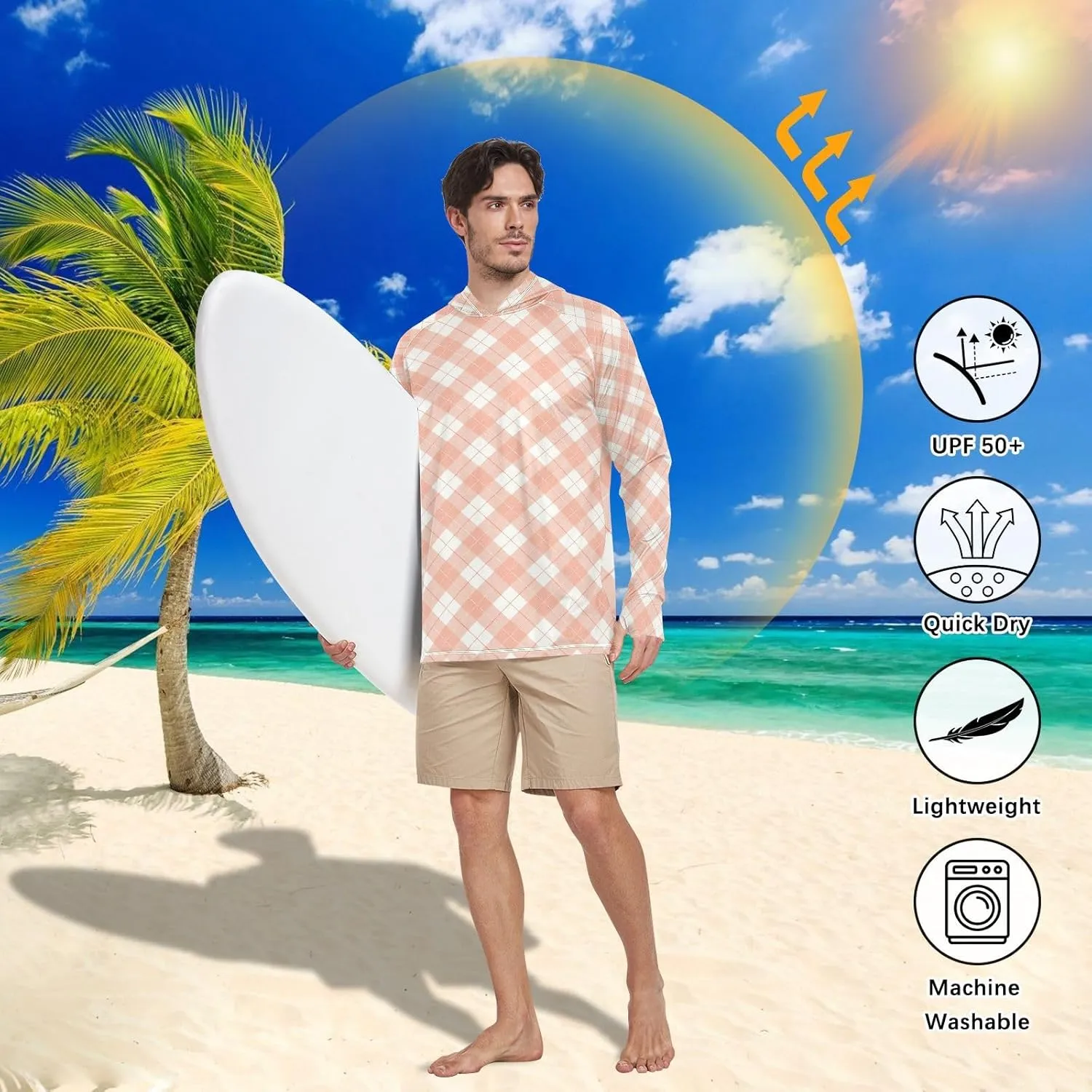 Gingham Tangerine Mens Hoodie Sun Protection Long Sleeve UPF 50   Sun Shirt with Hood Swim Shirt Hooded Rashguard for Men