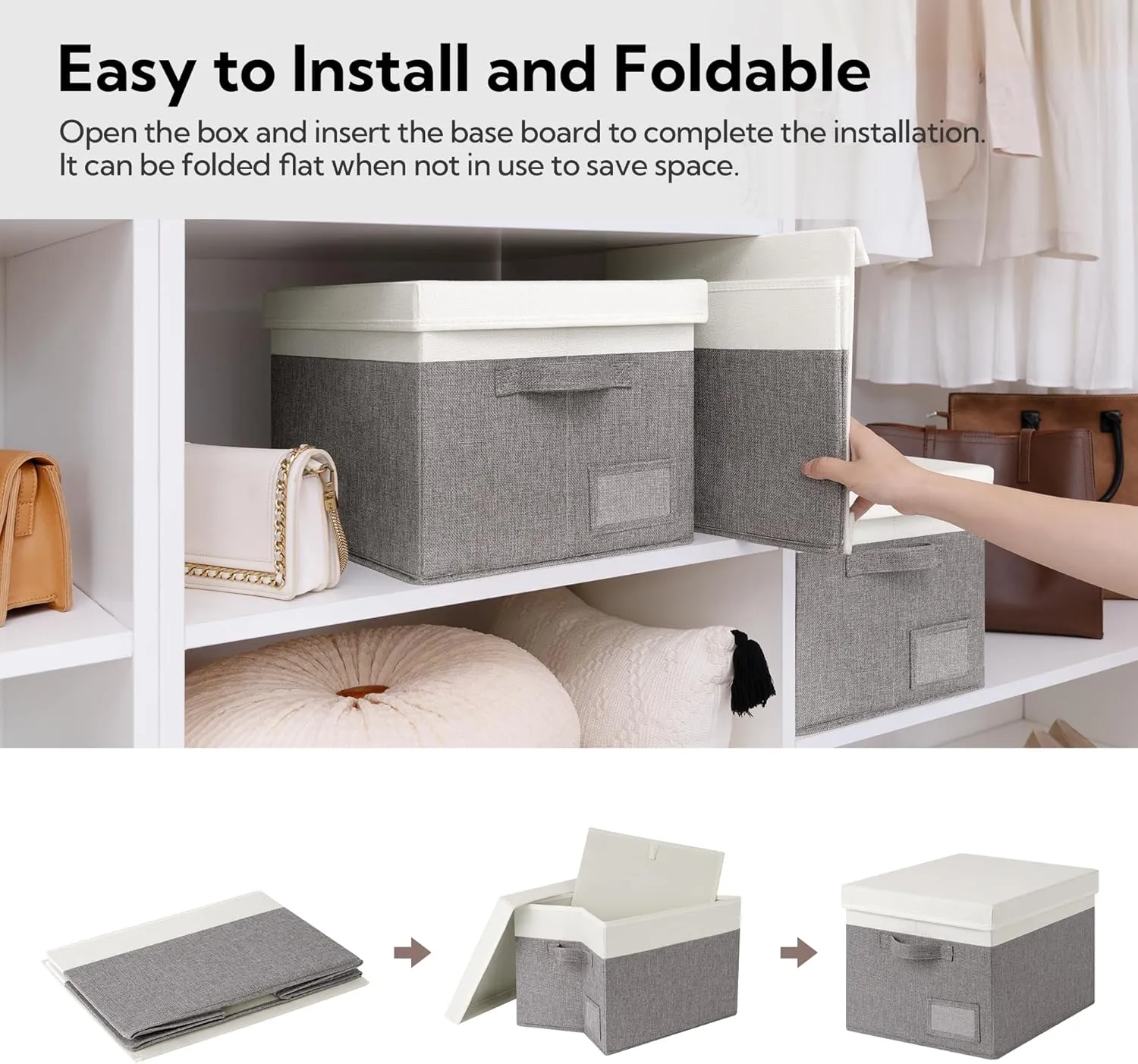 GRANNY SAYS Linen Storage Box, Collapsible Storage Bin with Lids and Label Holder, Clothes Organizer - 3-Pack, Gray & Ivory